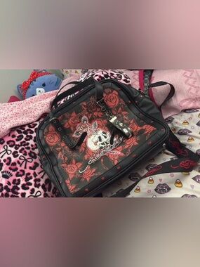 Ed Hardy Black Tote with Red Rose & Skull Design